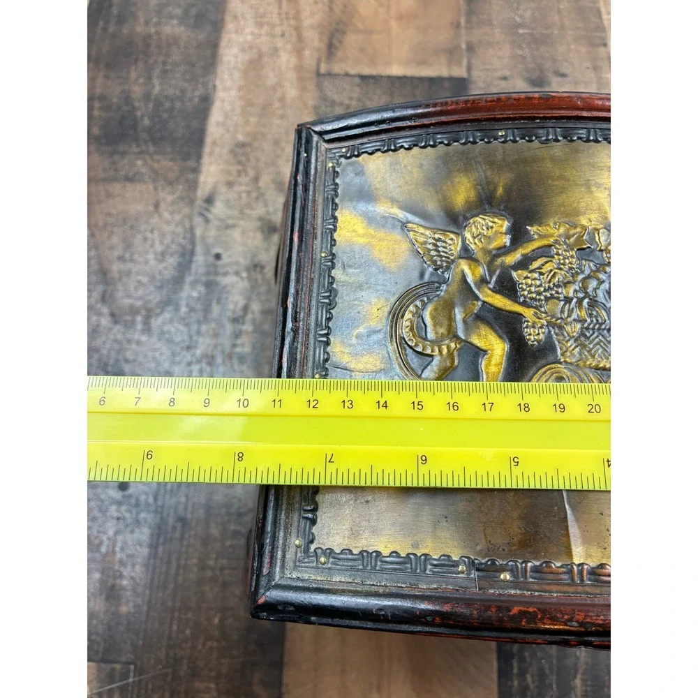 Vintage Wooden Treasure Chest Jewelry Box Cherub Relief Brown Gold Small Trunk